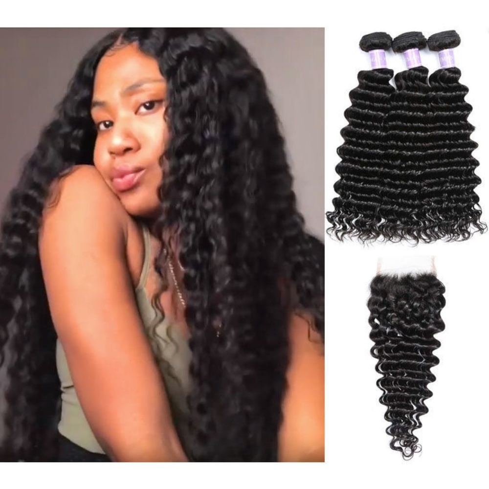 3 Bundle Indian Deep Wave Seamles Lace+4x4 Closure